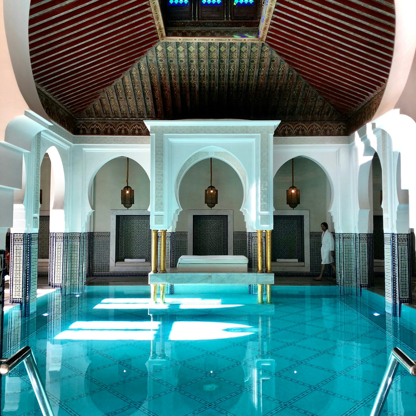 Ornate indoor pool at La Mamounia in Marrakech