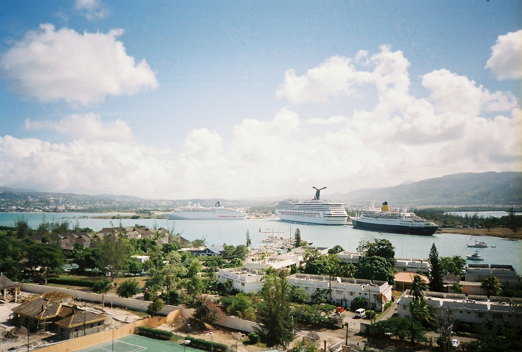Montego Bay harbor with ships and hills beyond